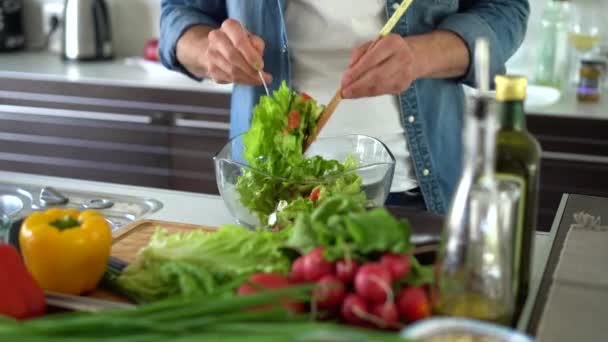 Подготовка пищи. Человек, делающий салат, смешивающий ингредиенты в миске, готовящий ужин — стоковое видео