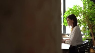 Modern Ofisinde Bilgisayar 'da çalışan kendine güvenen bir iş kadını. Şık Güzel Kadın Önemli Bir İş Yapıyor.