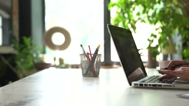 Fiduciosa donna d'affari che lavora su un computer portatile nel suo ufficio moderno. Elegante bella donna che fa un lavoro importante — Video Stock