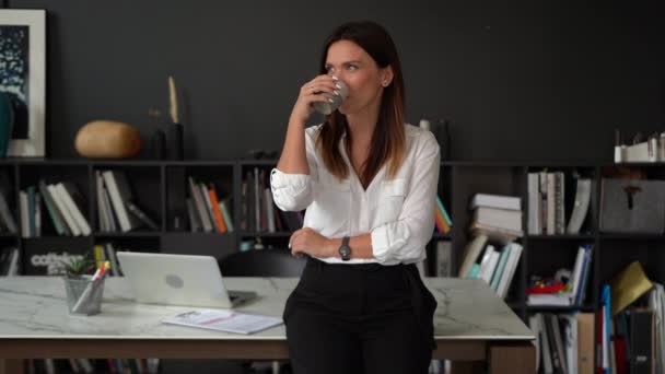 Zelfverzekerde glimlachende jonge volwassen Europese vrouw kijken naar camera staan op kantoor, poseren voor close-up portret binnen — Stockvideo