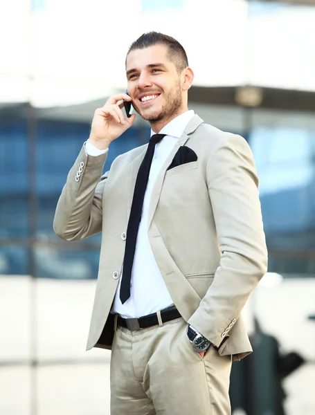 Handsome smiling businessman talking phone — Stock Photo, Image