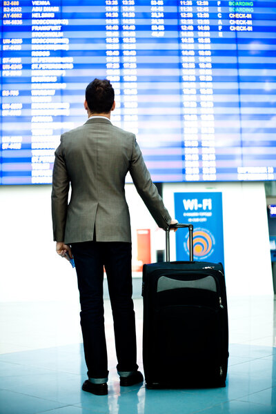 Passenger looking at timetable board