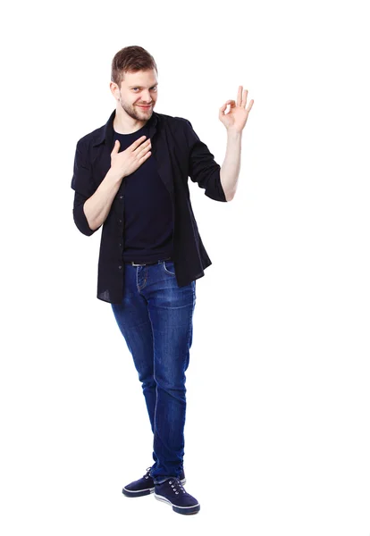 Hombre feliz con los pulgares hacia arriba gesto, aislado en blanco — Foto de Stock