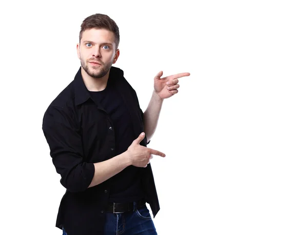 Hombre de negocios feliz presentando y mostrando con espacio de copia para yo — Foto de Stock