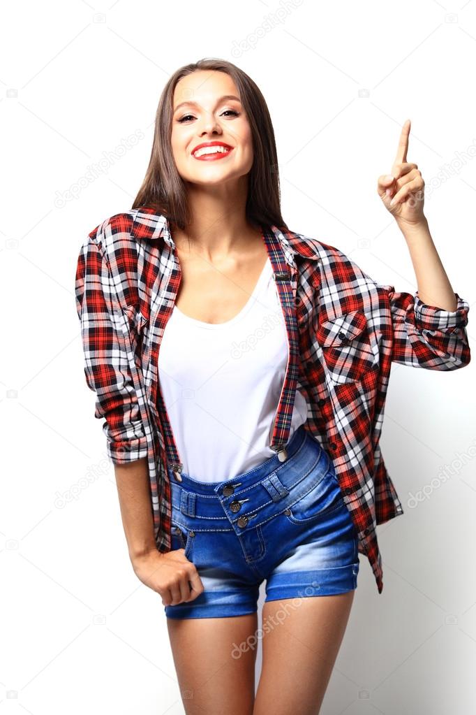 woman pointing her finger up