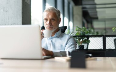 Olgun 40 'lar odaklı iş adamı, dizüstü bilgisayarla çalışan yönetici ofiste veri tabanında araştırma yapan. Başarılı iş adamı, lider, CEO müdürü, borsa şifreli para ticareti.