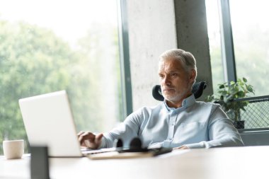 Mutlu Avrupalı iş adamı CEO 'su bilgisayar kullanıyor, daktilo kullanıyor, modern ofiste çalışıyor, çevrimiçi veri pazarı analizi yapıyor, bilgisayar kopyalama alanı olan dizüstü bilgisayara bakarak teknoloji stratejisi planlıyor.