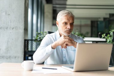 Mutlu Avrupalı iş adamı CEO 'su bilgisayar kullanıyor, daktilo kullanıyor, modern ofiste çalışıyor, çevrimiçi veri pazarı analizi yapıyor, bilgisayar kopyalama alanı olan dizüstü bilgisayara bakarak teknoloji stratejisi planlıyor.