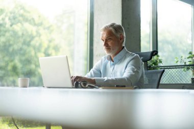 Gülümseyen işadamı müşteriyle konuşurken kulaklık kullanıyor. Kulaklıktaki teknik destek müdürü bir müşteriye danışıyor. Ofiste çalışan olgun erkek müşteri desteği yöneticisi..