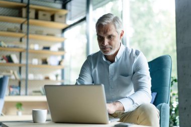 Gülümseyen işadamı ofis lobisinde oturmuş dizüstü bilgisayarla çalışıyor. Ofis lobisinde çalışan bir erkek işadamı..