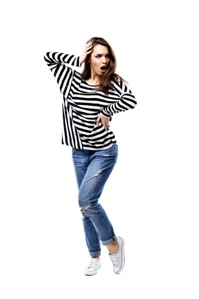 Full body portrait of surprising woman. — Stock Photo, Image