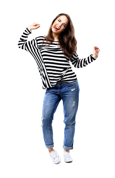 Retrato de feliz sorrindo jovem bela mulher, isolado sobre fundo branco — Fotografia de Stock