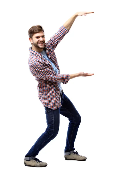 Hombre presentando y mostrando espacio de copia — Foto de Stock