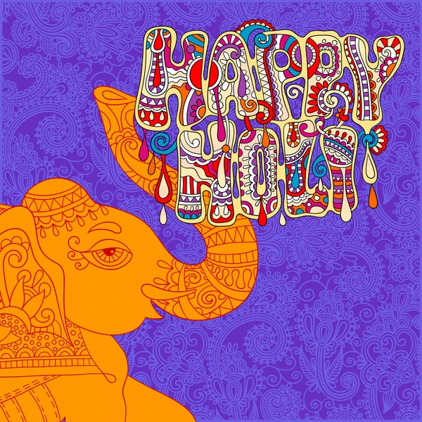 Design original Happy Holi com elefantes cabeça em índio floral — Vetor de Stock