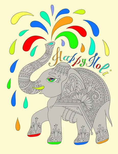 Cartão de saudação original projeto feliz Holi com elefante — Vetor de Stock