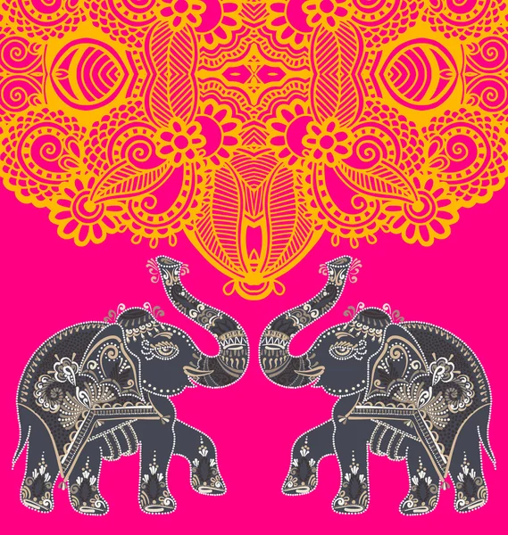 Original indian pattern with two elephants for invitation, cover — Stock Vector