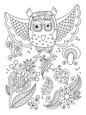 Line drawing of forest elements - owl, flowers, mushrooms, berri vector