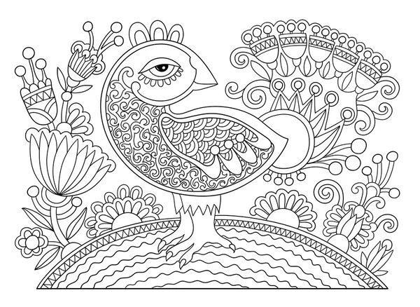 Line drawing page of coloring book bird and flower — Stock Vector