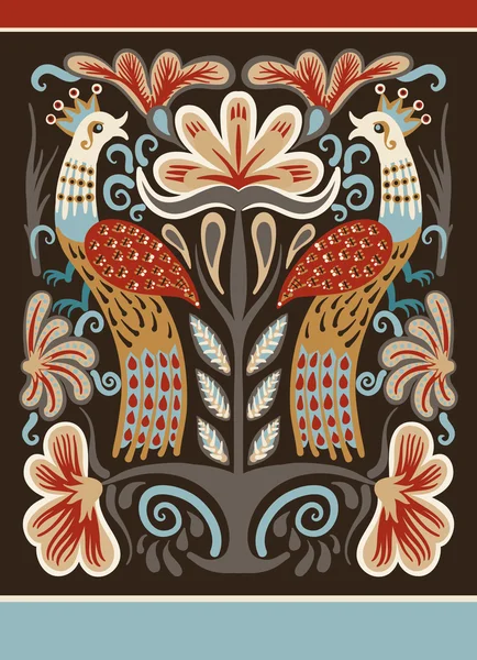 Ukrainien dessin à la main motif décoratif ethnique avec deux oiseaux un — Image vectorielle
