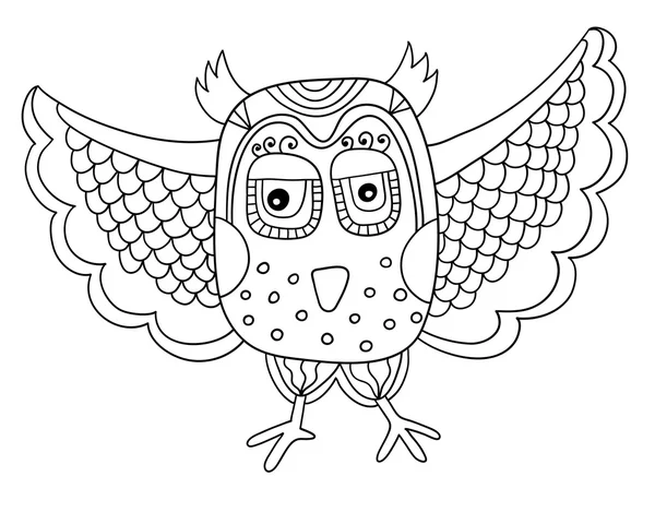 Black and white owl line drawing in doodle childish style — Stock Vector