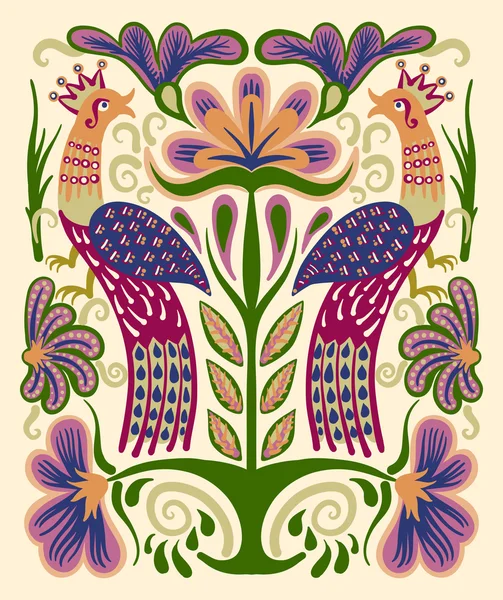 Ukrainian hand drawn ethnic decorative pattern with two birds an — Stockvector