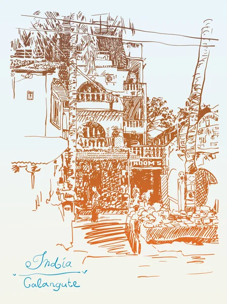 Оригинальный рисунок индийской улицы Гоа Калангуте Бага — стоковый вектор