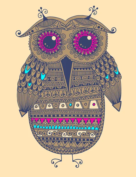 Original  ethnic owl ink drawing, vector illustration — Stock Vector