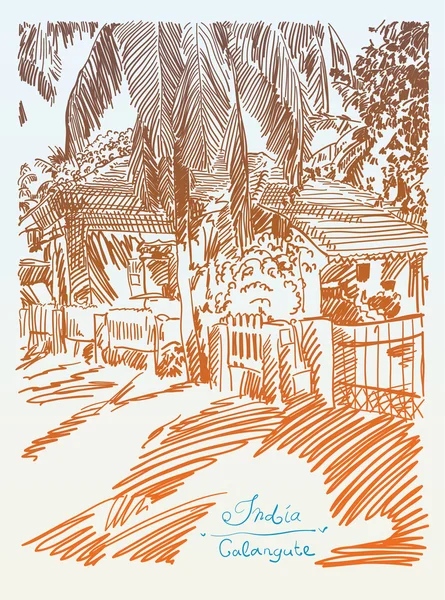 Dibujo original de la India Goa Calangute Baga paisaje calle — Archivo Imágenes Vectoriales