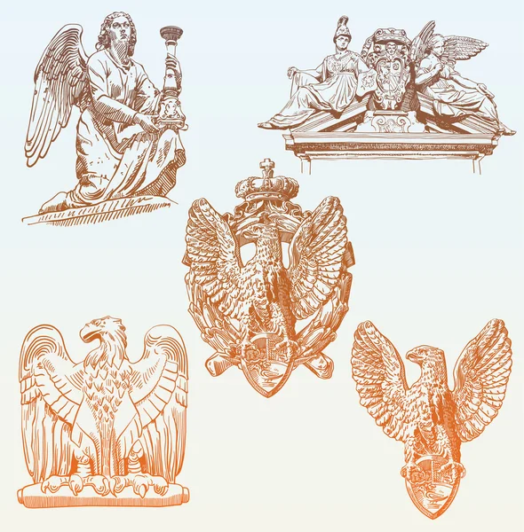 Set of sketch drawing winged element angel and eagle from Rome, — Stock Vector