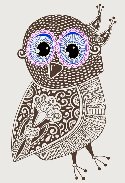 Dessin original à la main à l'encre de hibou décoratif ethnique — Image vectorielle