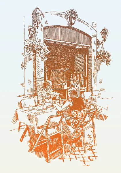 オリジナルの手描きのヨーロッパの街ローマで屋外カフェの私 — ストックベクタ