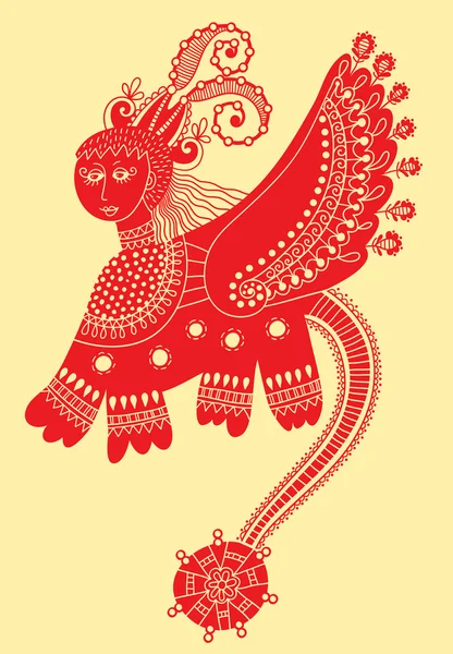 Etniska fantastiska djur doodle design i karakoko stil, ovanlig — Stock vektor