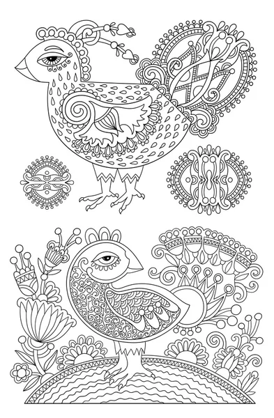 Original svart och vit linje ritningssida av målarbok fågel — Stock vektor