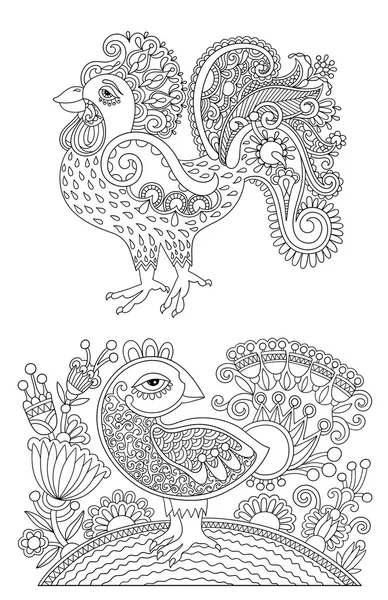 Dibujo de gallo de arte de línea en blanco y negro original, página de color — Vector de stock