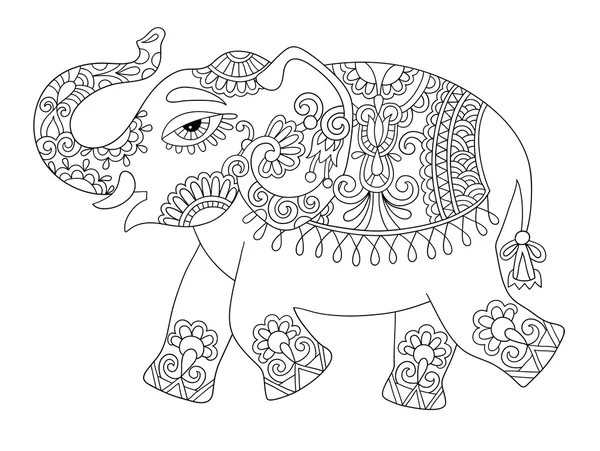 Ethnic indian elephant line original drawing, adults coloring bo — Stock Vector