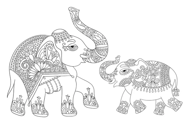 Línea de elefante indio étnico dibujo original, adultos para colorear bo — Vector de stock