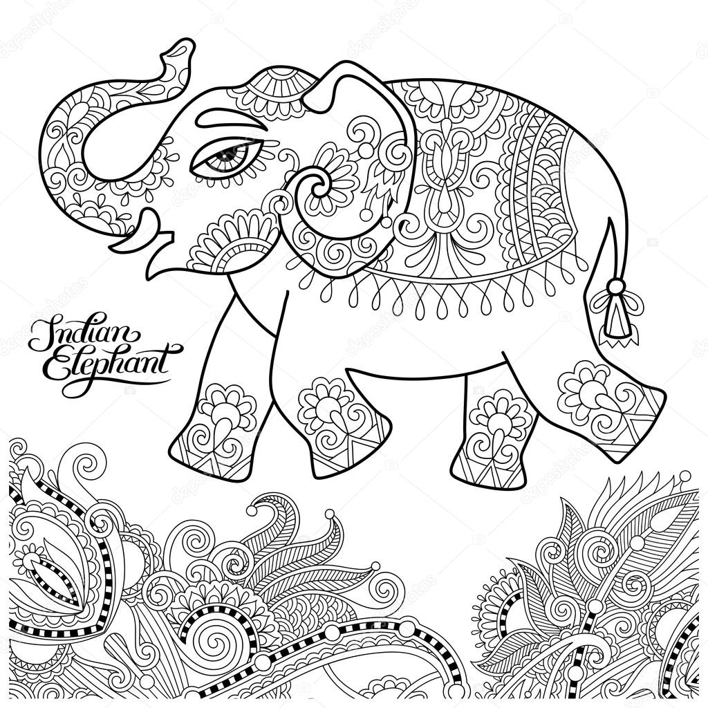 Elefante indiano etnici linea originali disegno adulti da colorare bo — Vettoriale Stock