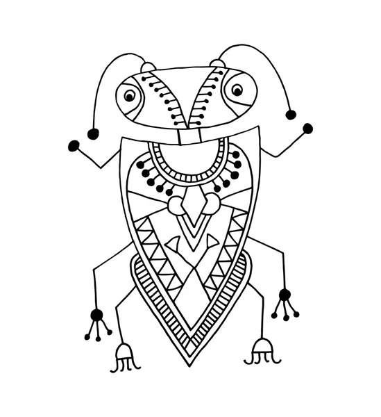 Dibujo de forro hecho a mano en blanco y negro de escarabajo étnico en plano — Vector de stock