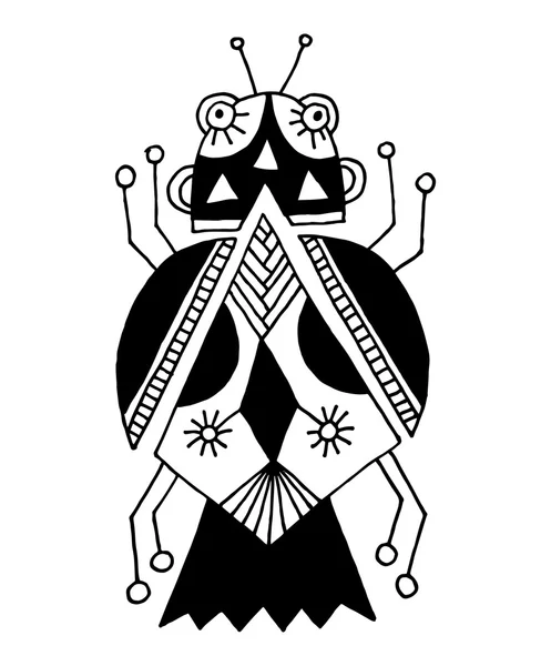 黒と白の手作りライナー フラットで民族のカブトムシの描画 — ストックベクタ