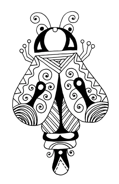Black and white handmade liner drawing of ethnic beetle in flat — Stock Vector
