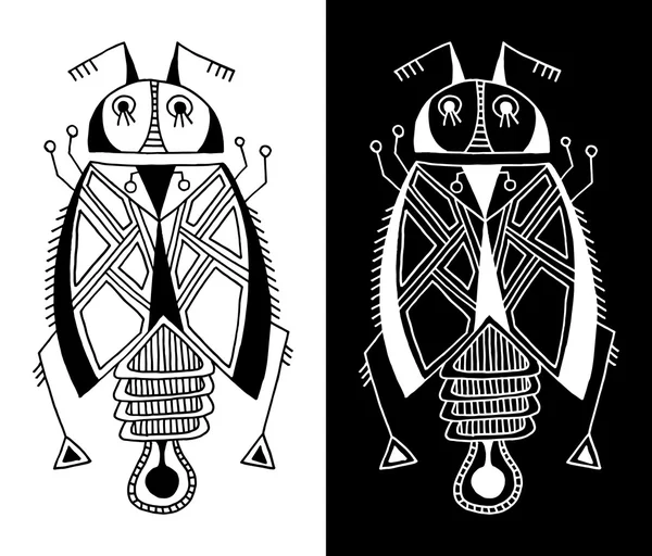 Zwart-wit handgemaakte voering tekening van etnische kever in flat — Stockvector
