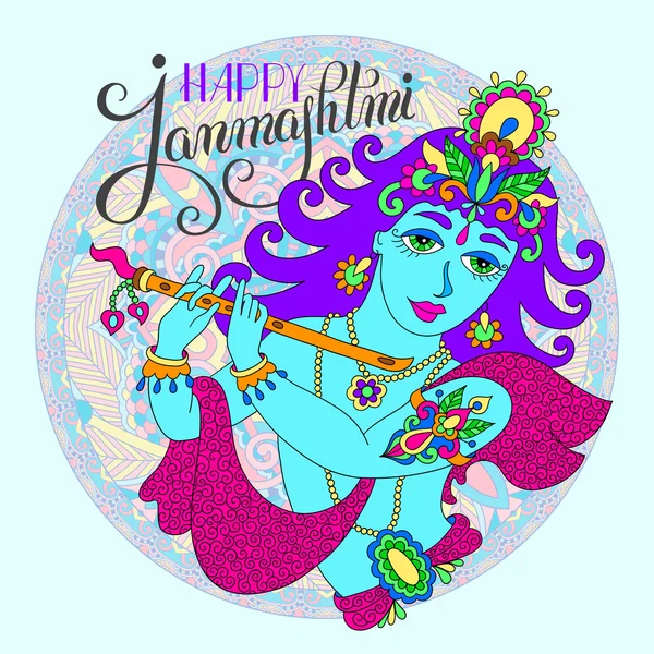 Dios Señor Krishna con la letra de la mano inscripción feliz janmashtm — Vector de stock