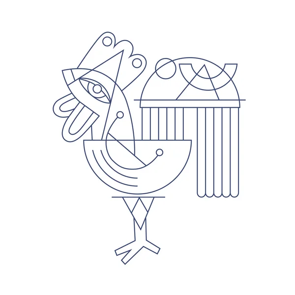 Original flat line art drawing of geometric rooster — Stock Vector