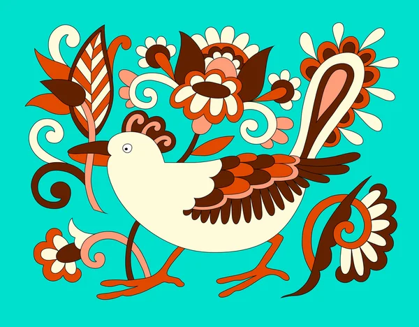 Original oriental décoratif ethnique oiseau avec des fleurs, ethno ukr — Image vectorielle