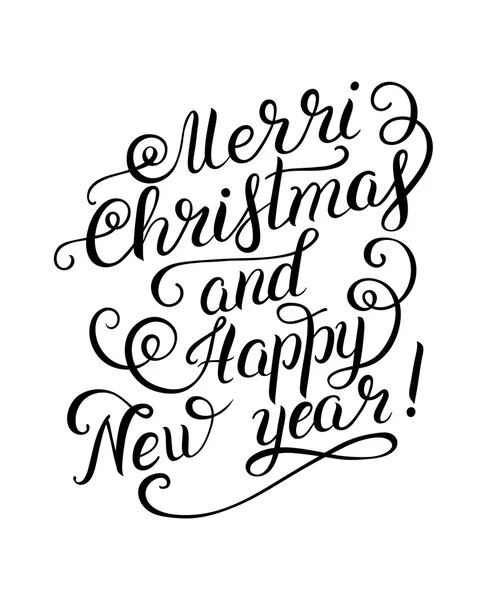 Blanco y negro Feliz Navidad y Feliz Año Nuevo caligrafía — Vector de stock