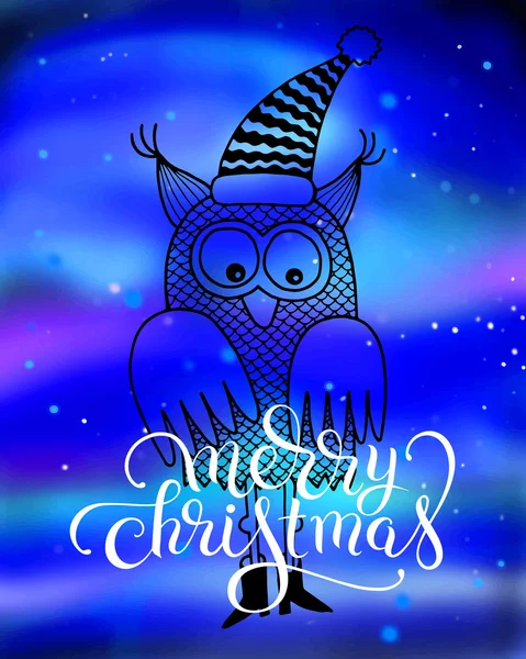 Merry Christmas hand belettering inscriptie met uil op blured ba — Stockvector