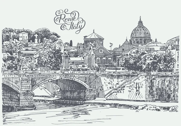 Dibujo de Roma Italia famoso paisaje urbano con letras a mano inscr — Vector de stock