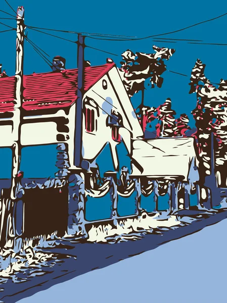 Oekraïens dorp grafische artwork met een weg en huis — Stockvector