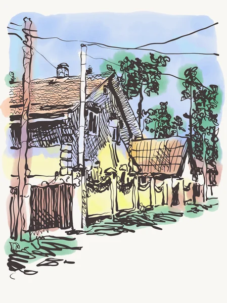 Graphique numérique original de la composition du village avec des maisons et — Image vectorielle