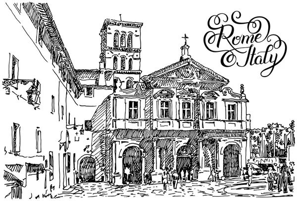 Boceto en blanco y negro dibujo a mano de Roma Italia famosa citysca — Archivo Imágenes Vectoriales